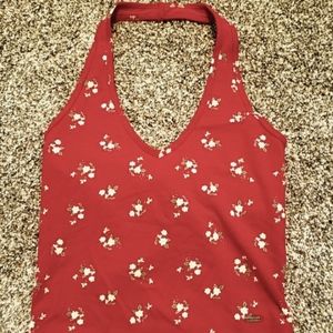 Hollister red floral cropped halter top